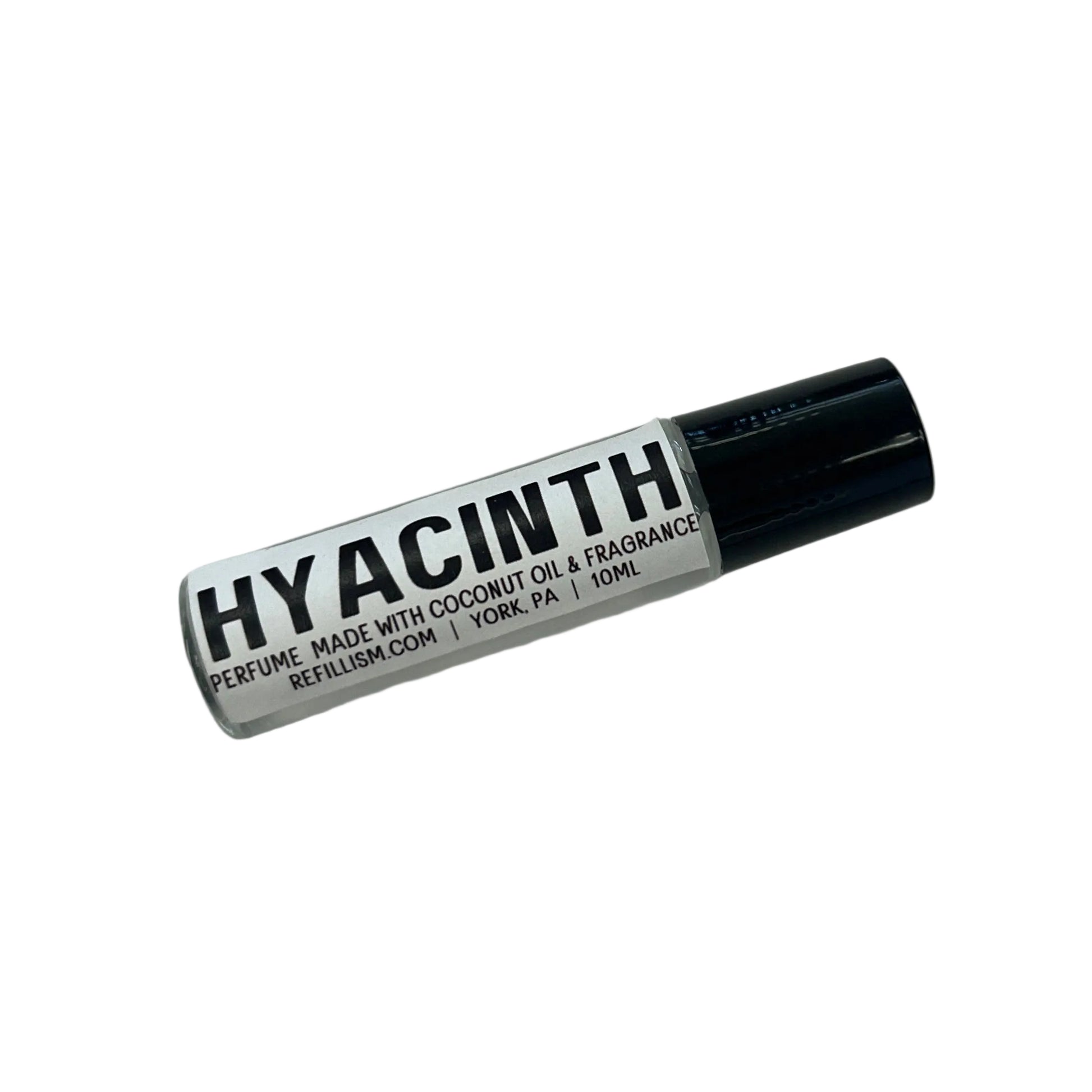 Roll-up container labeled 'Hyacinth' on a gray surface with wooden side.