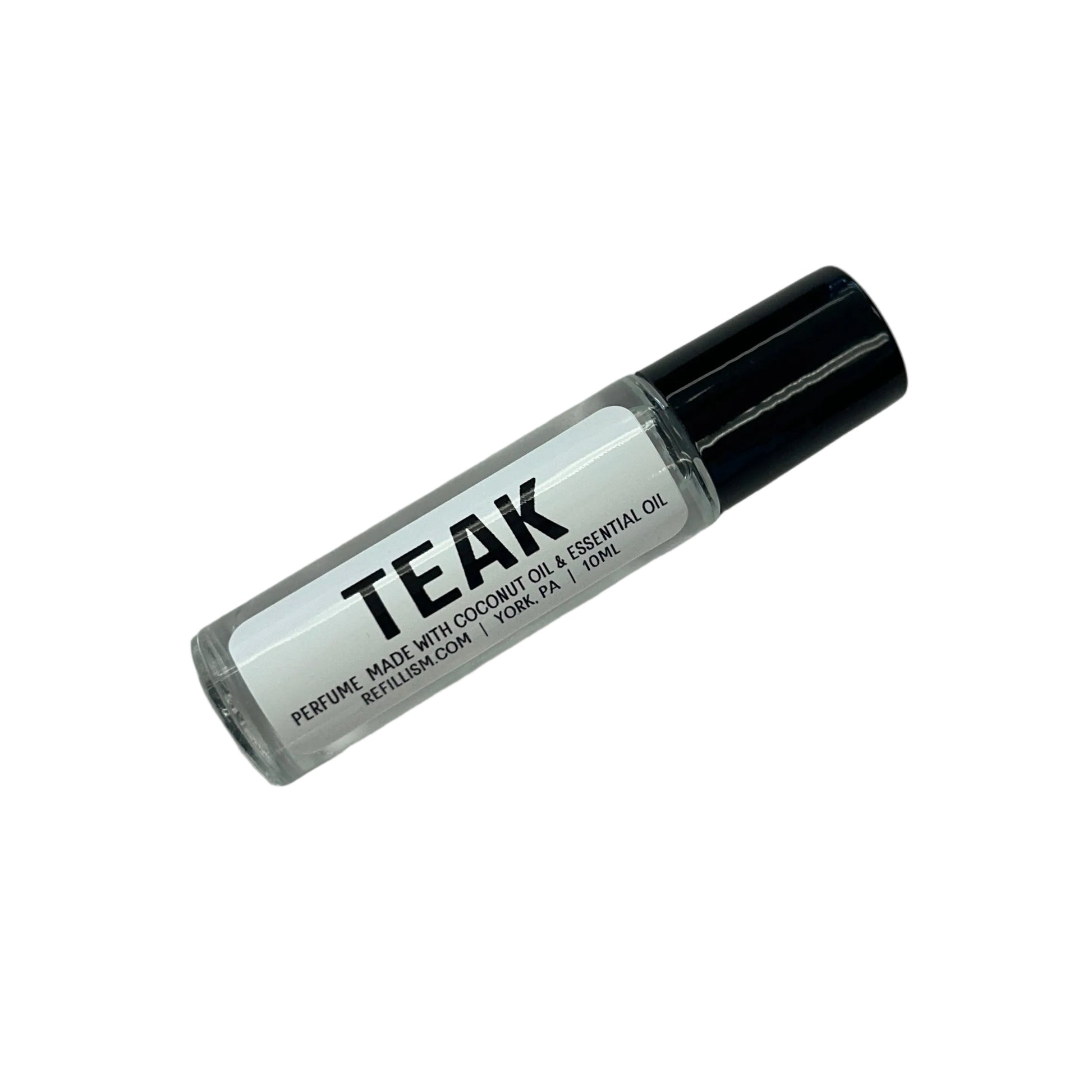 Small bottle labeled 'TEAK' on a light gray background