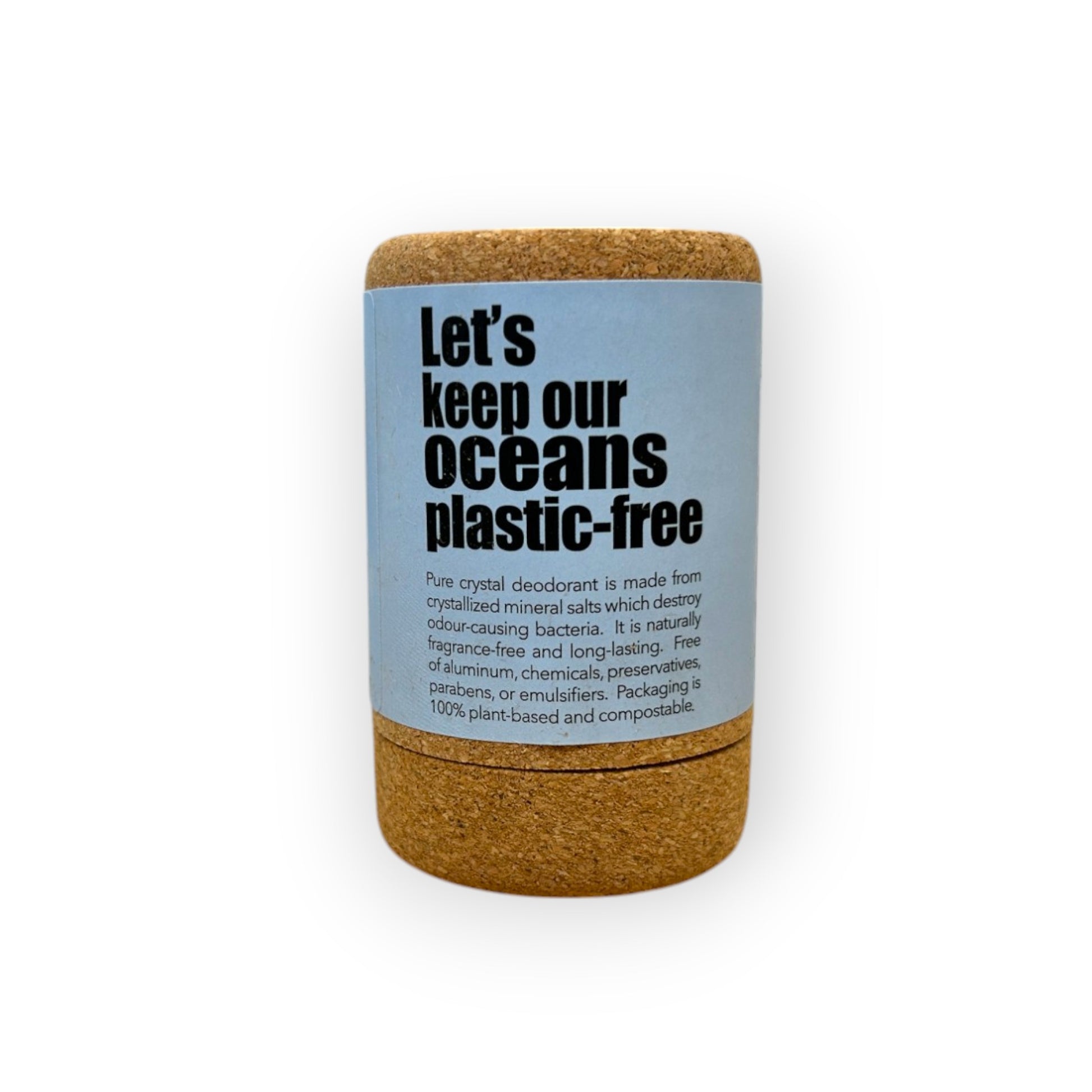 Zero waste deodorant made from alum and potassium crystals in biodegradable cork packaging.