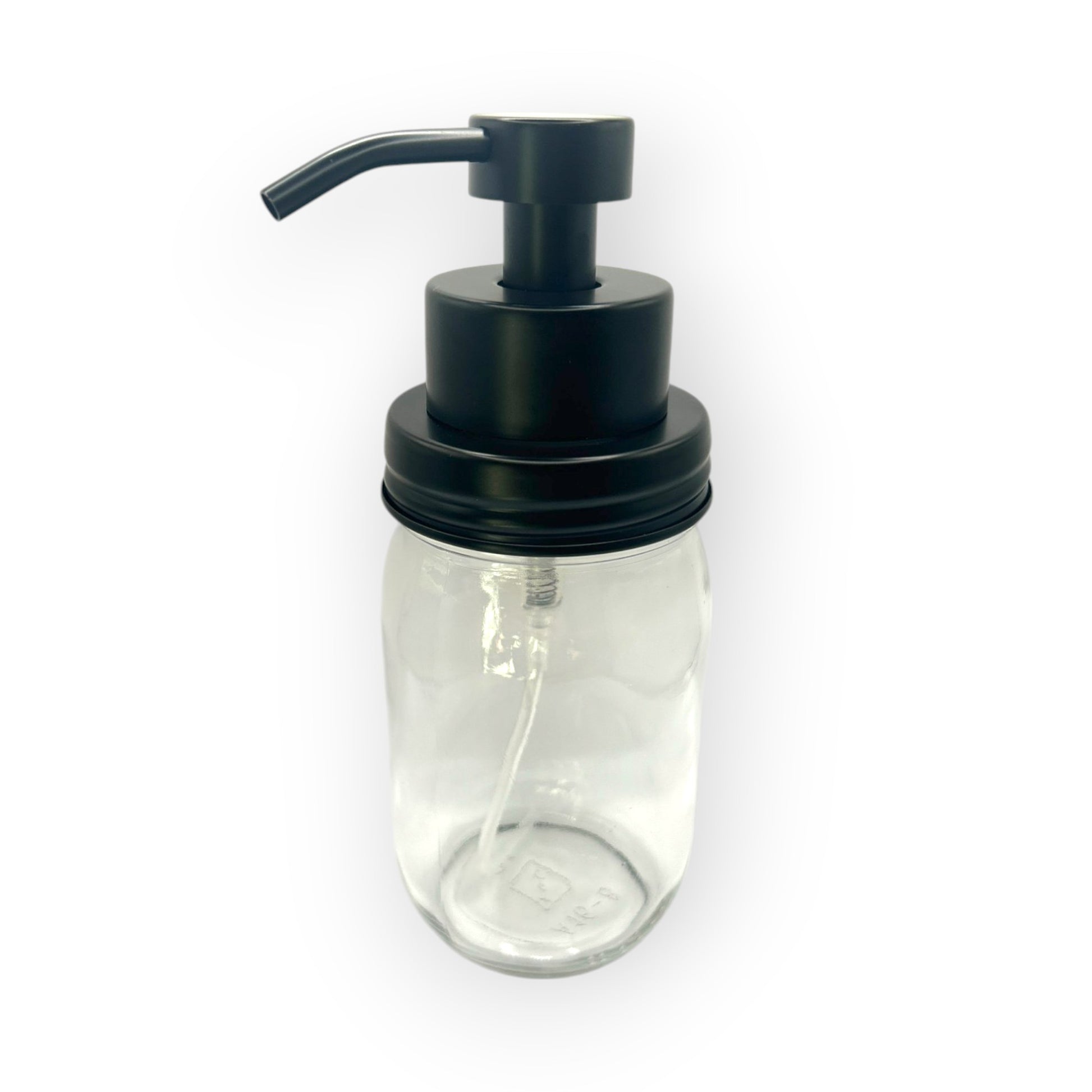 Foaming soap dispenser with a charcoal black metal pump and 16oz Mason jar.