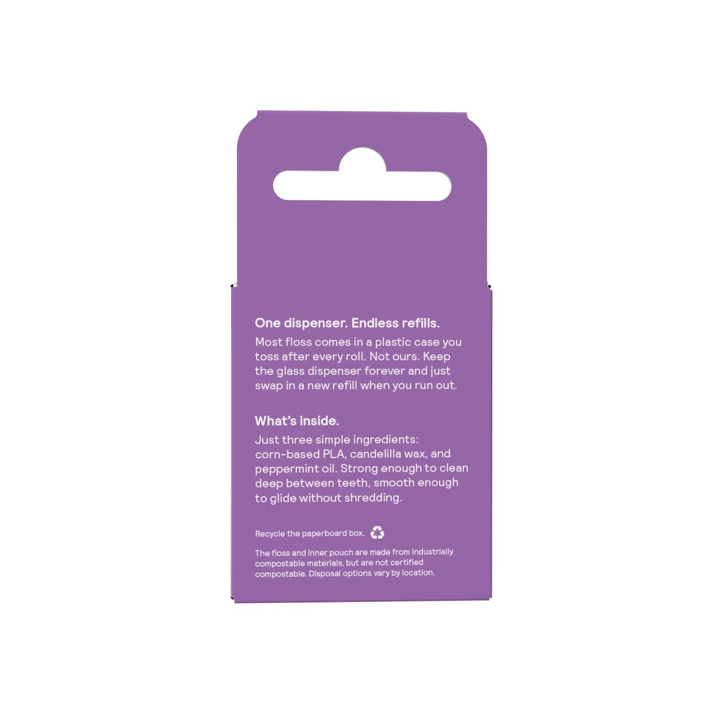 Purple cardboard packaging card with a hanging tab and white text explaining a tooth dispenser refill system, shown on a plain white background.