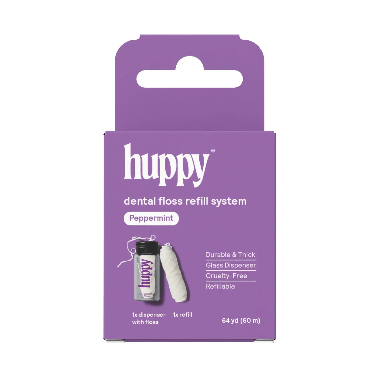 Huppy Peppermint dental floss refill system in its original purple cardboard packaging, featuring a glass dispenser and refill tube pictured on the front.