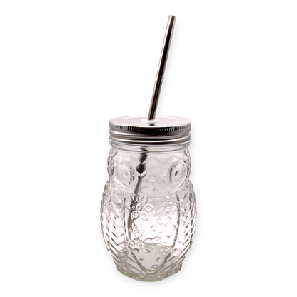 Owl & Cactus Mason Mug Cup with Straw | Glass
