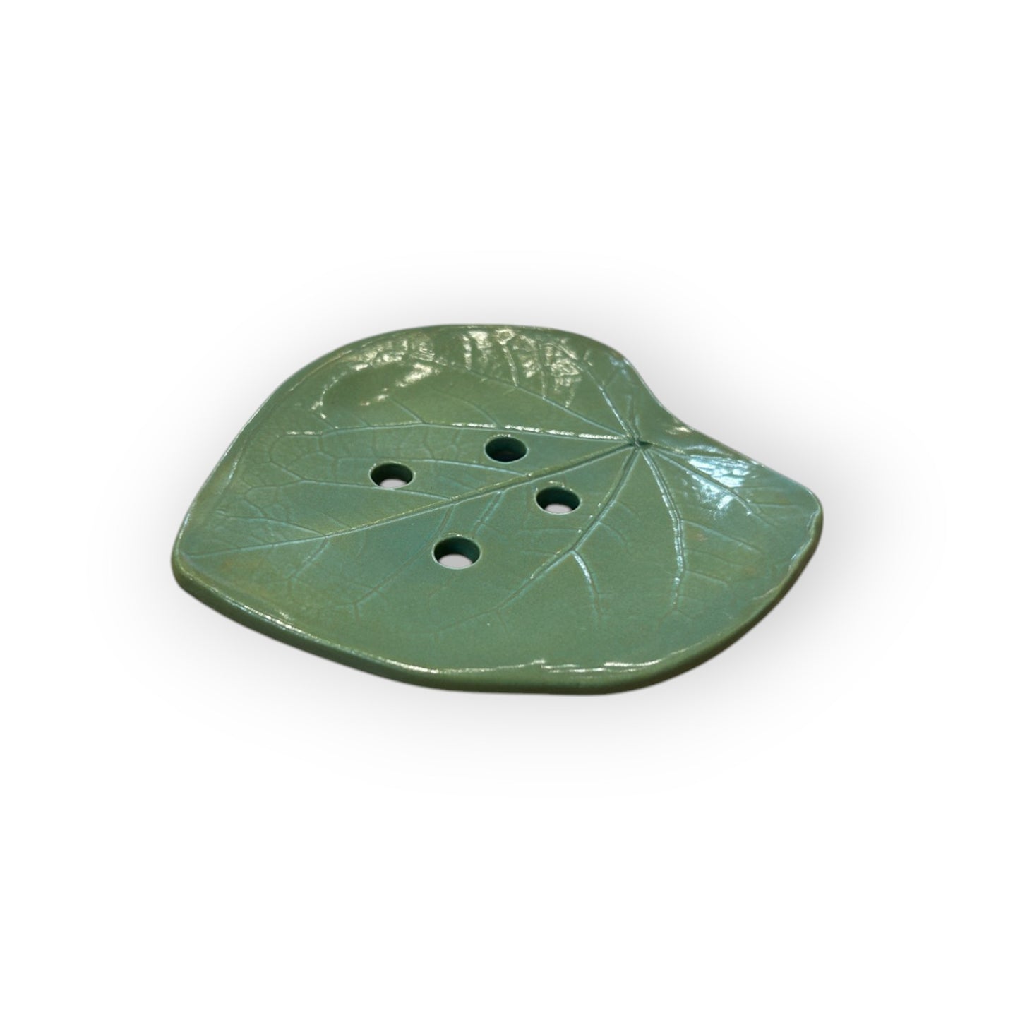 Handmade Red Bud leaf soap dish with a smooth ceramic finish.