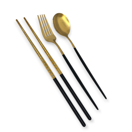Reusable Travel Utensil Set | Gold & Black Stainless Steel with Case - Other Eco - Goods