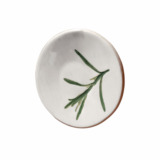 Rosemary trinket dish featuring a delicate botanical imprint in soft green.