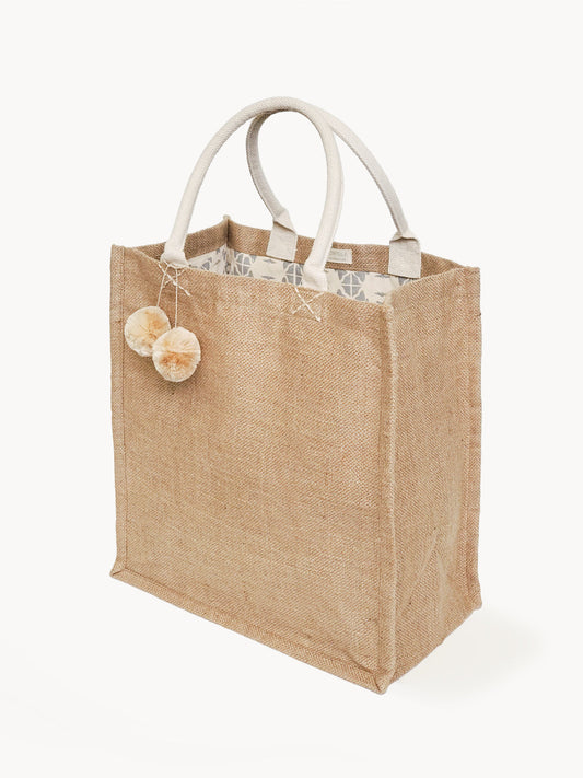 Jute Canvas Market Bag With Pompom-0