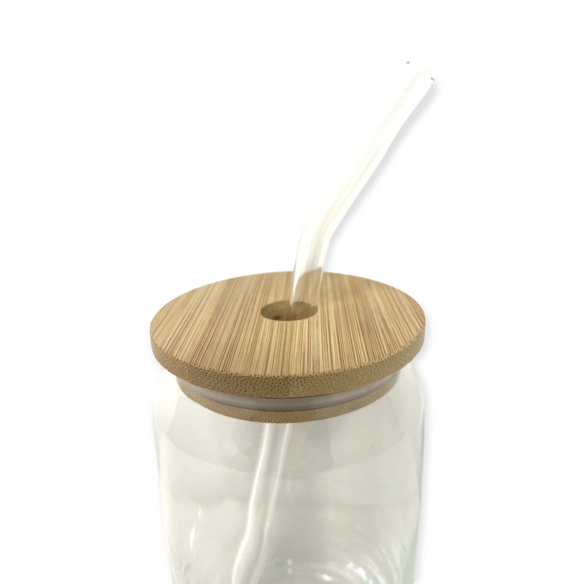 Glass Cup With Bamboo Lid and Glass Straw, Glass Can, Wooden Lid